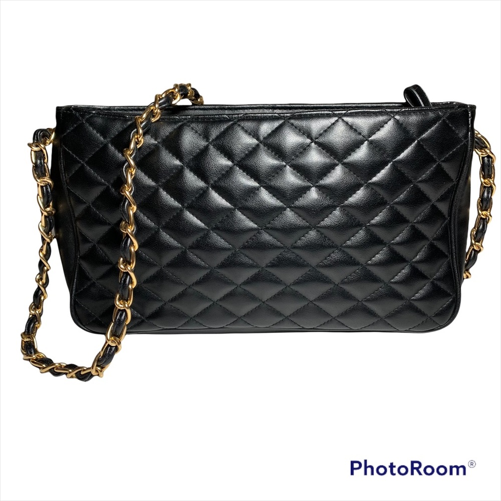 Black quilted vegan leather purse with gold chain straps